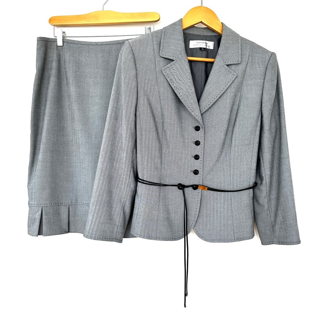 Tahari Gray Belted Blazer and Skirt Set with Black Accents, Tailored, Fitted